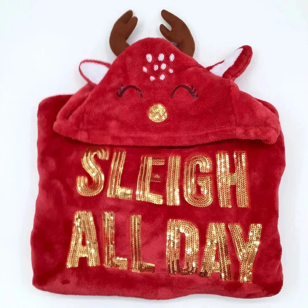 Cute Christmas Hoodie XL Red Velour Reindeer Sequins Antlers Sleigh All Day